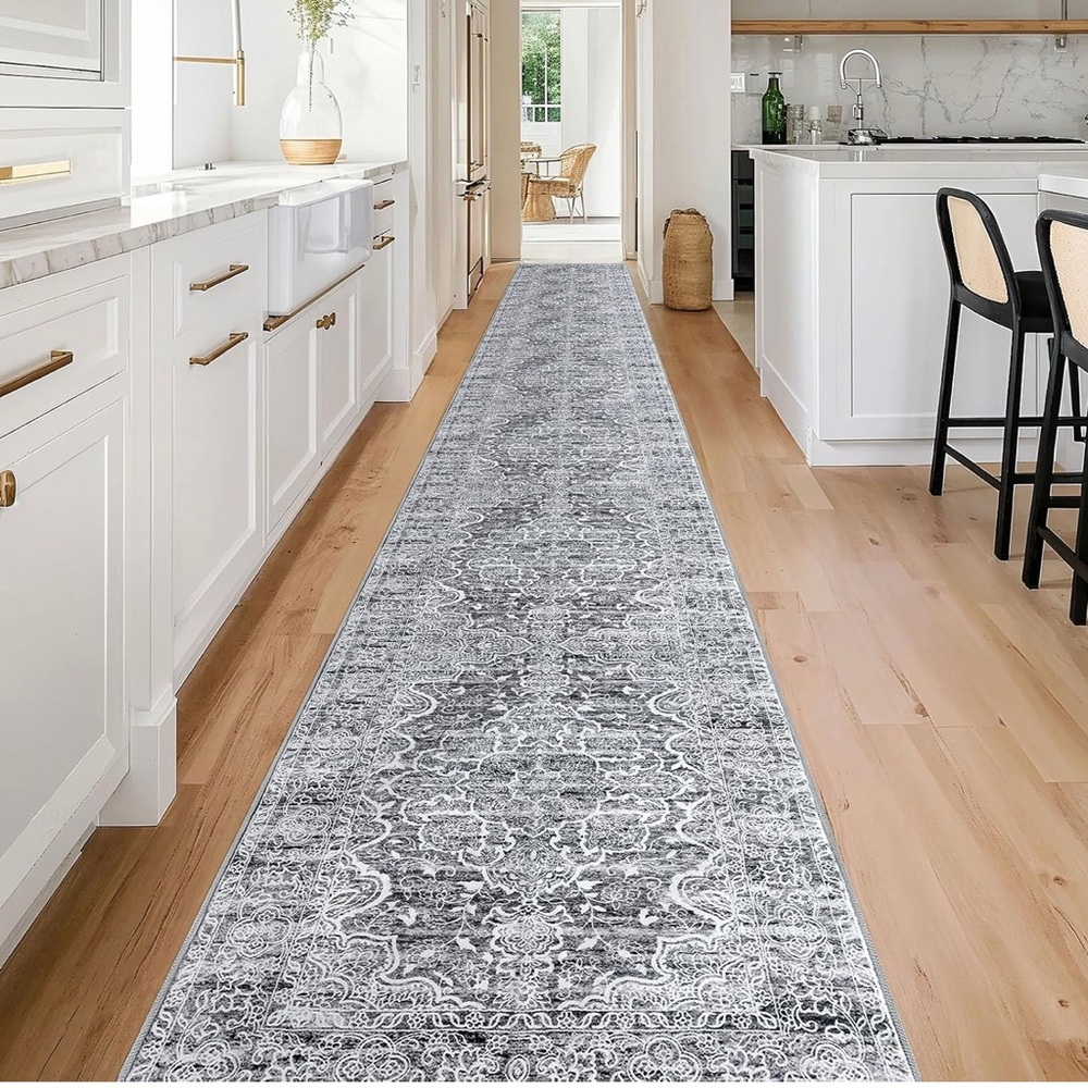 Gray Vintage-Style Kitchen Runner Rug